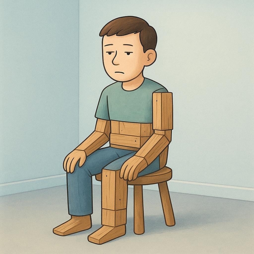 A figure sitting on a stool whose lower body and limbs are transforming into stiff, wooden planks, symbolizing the feeling of being bored stiff.
