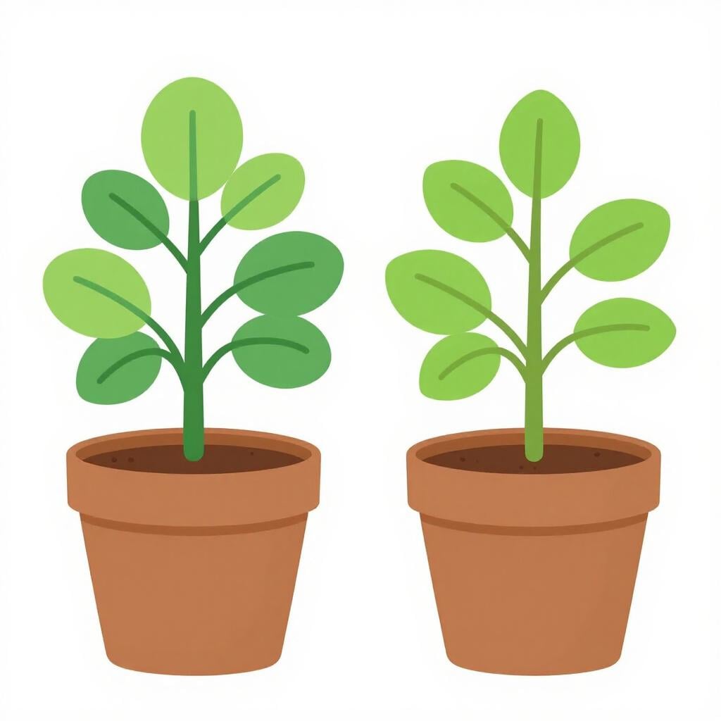 Due piantine identiche di colore verde brillante che crescono fianco a fianco in piccoli vasi, sembrando esattamente uguali.