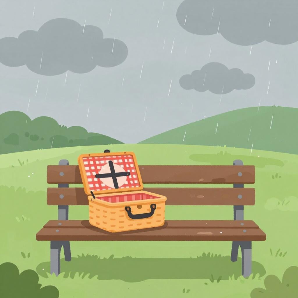 A closed picnic basket sitting on a wooden bench under a rainy sky.