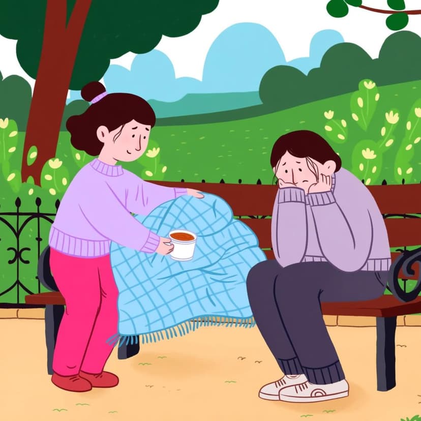 A person offering a comforting blanket and a cup of tea to another person sitting on a bench, illustrating kind treatment.
