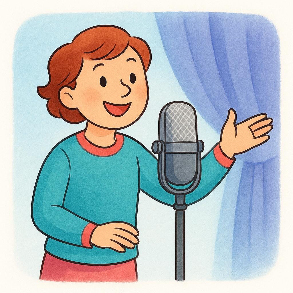 A cheerful person stands behind a large studio microphone on a stand, acting as a host for a program.