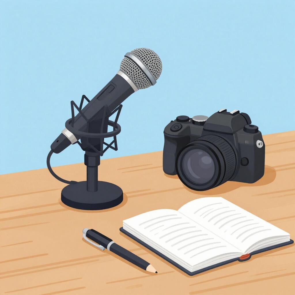 A classic metal microphone and a professional camera sitting on a desk next to a notebook.