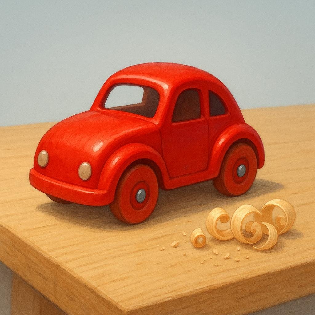 A freshly manufactured wooden toy car resting on a wooden workbench next to small wood shavings, emphasizing it was recently composed or manufactured.