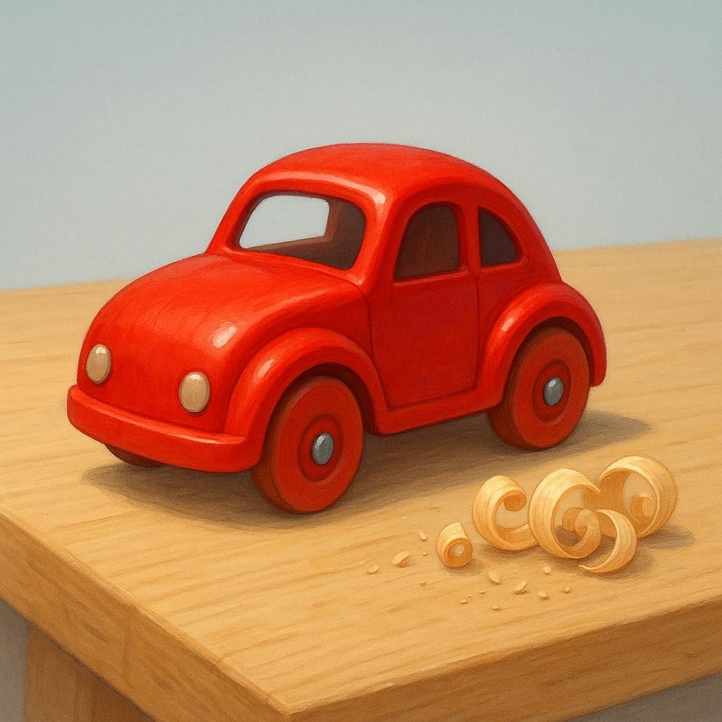 A freshly manufactured wooden toy car resting on a wooden workbench next to small wood shavings, emphasizing it was recently composed or manufactured.