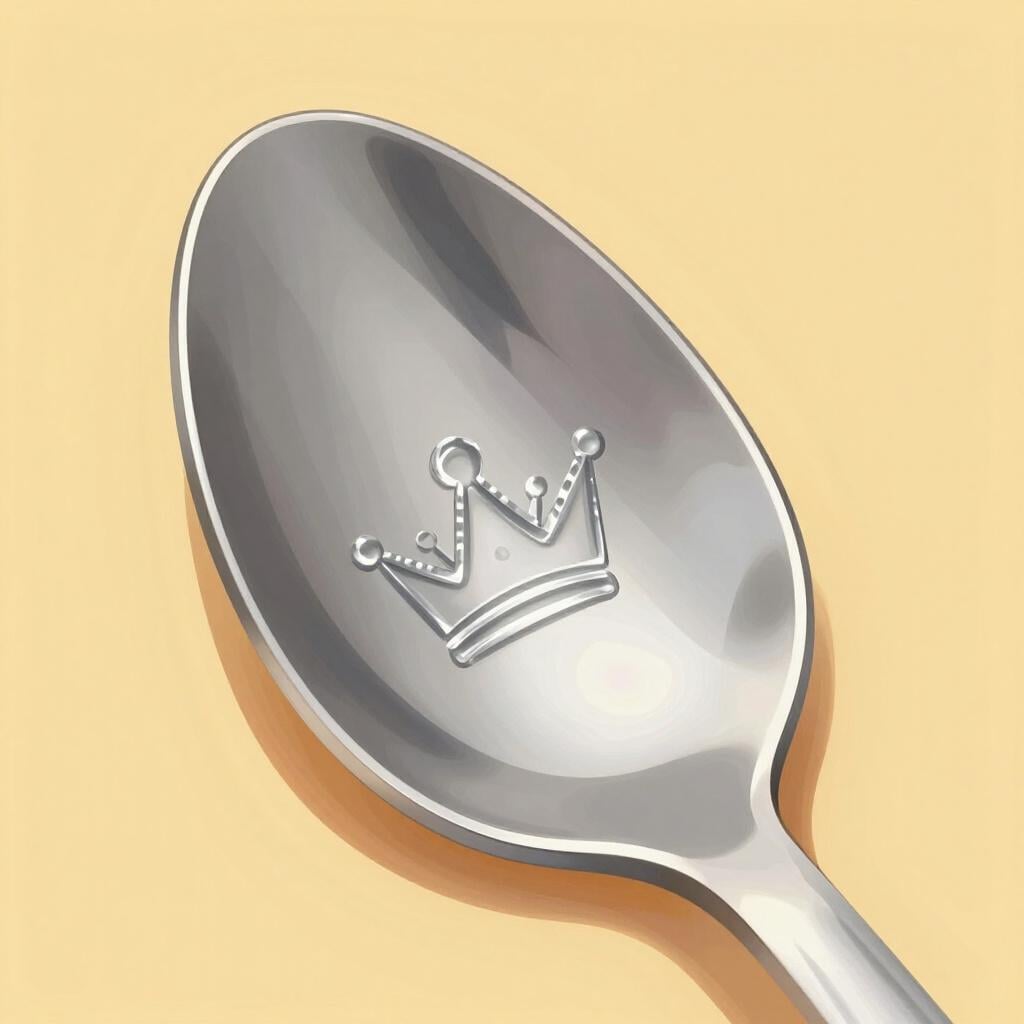 A close-up of a shiny silver spoon with a tiny, elegant crown symbol stamped into the metal.