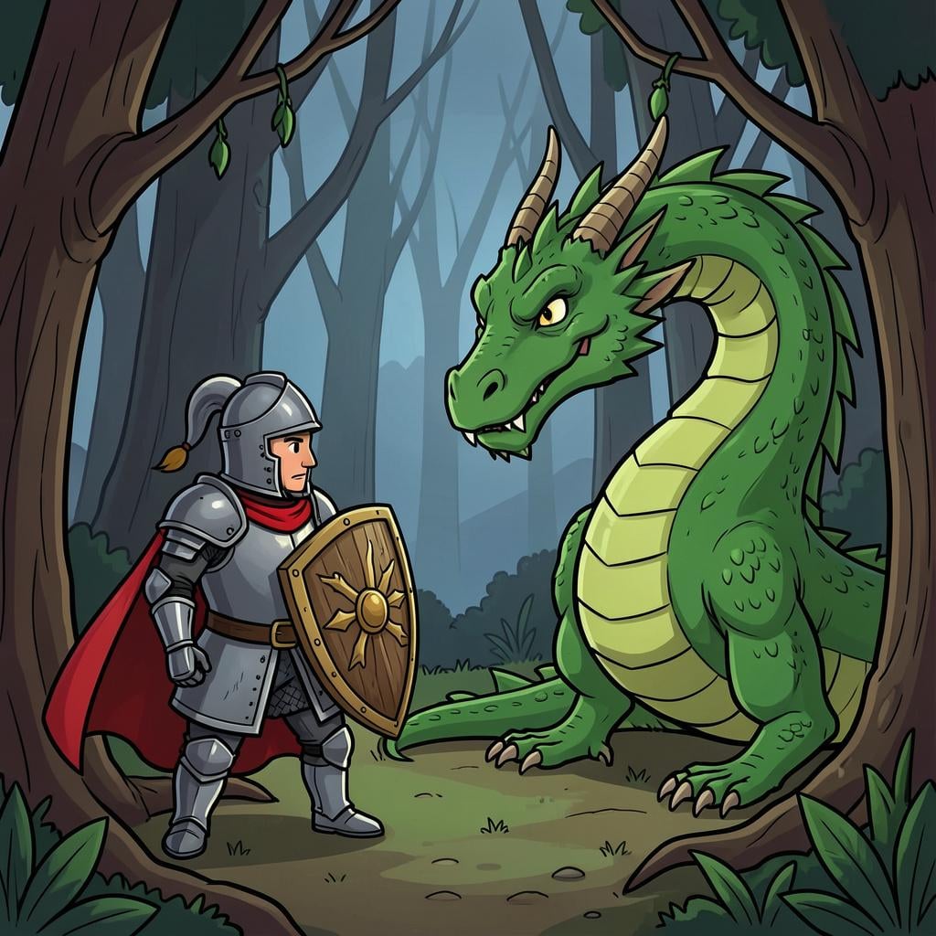 A knight facing a large dragon in a dark forest.