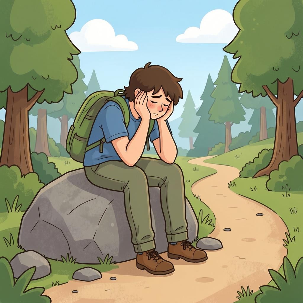 A tired hiker sitting on a rock with a backpack, wiping sweat from their forehead.