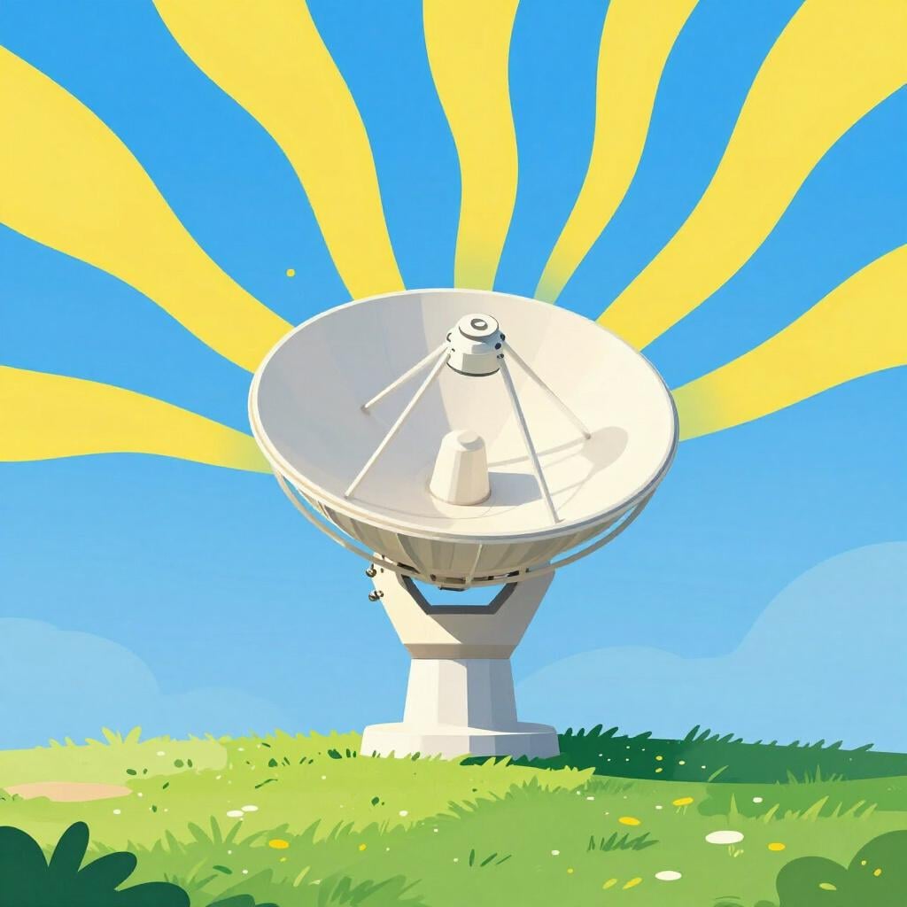 Een schotelantenne op een groene heuvel die kleurrijke golven de lucht in stuurt.