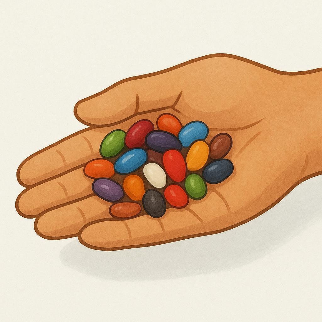 Uma visão em close-up da mão ligeiramente em concha de uma pessoa segurando uma pequena pilha de feijões secos e coloridos, ilustrando uma medida literal.