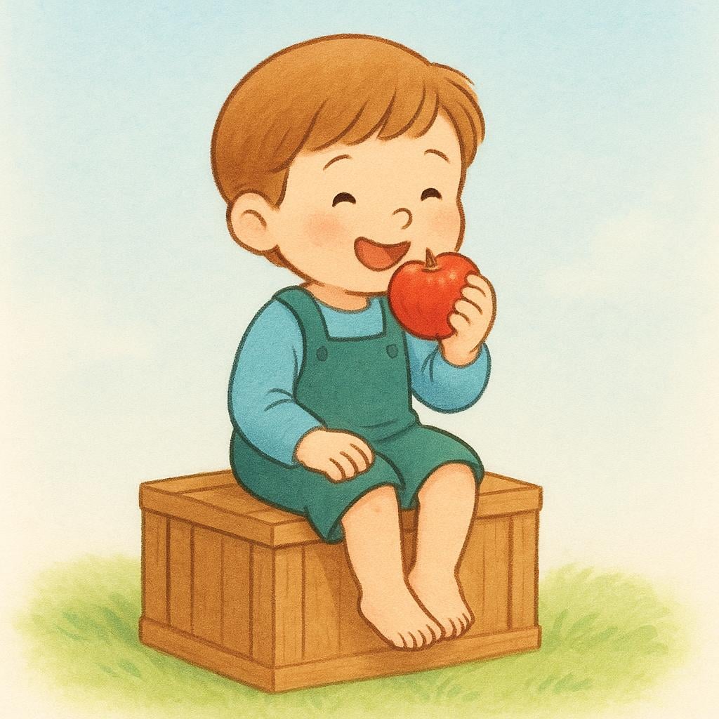 A high-quality storybook illustration of a small child happily sitting on an overturned wooden crate, using it as a temporary stool while eating an apple.