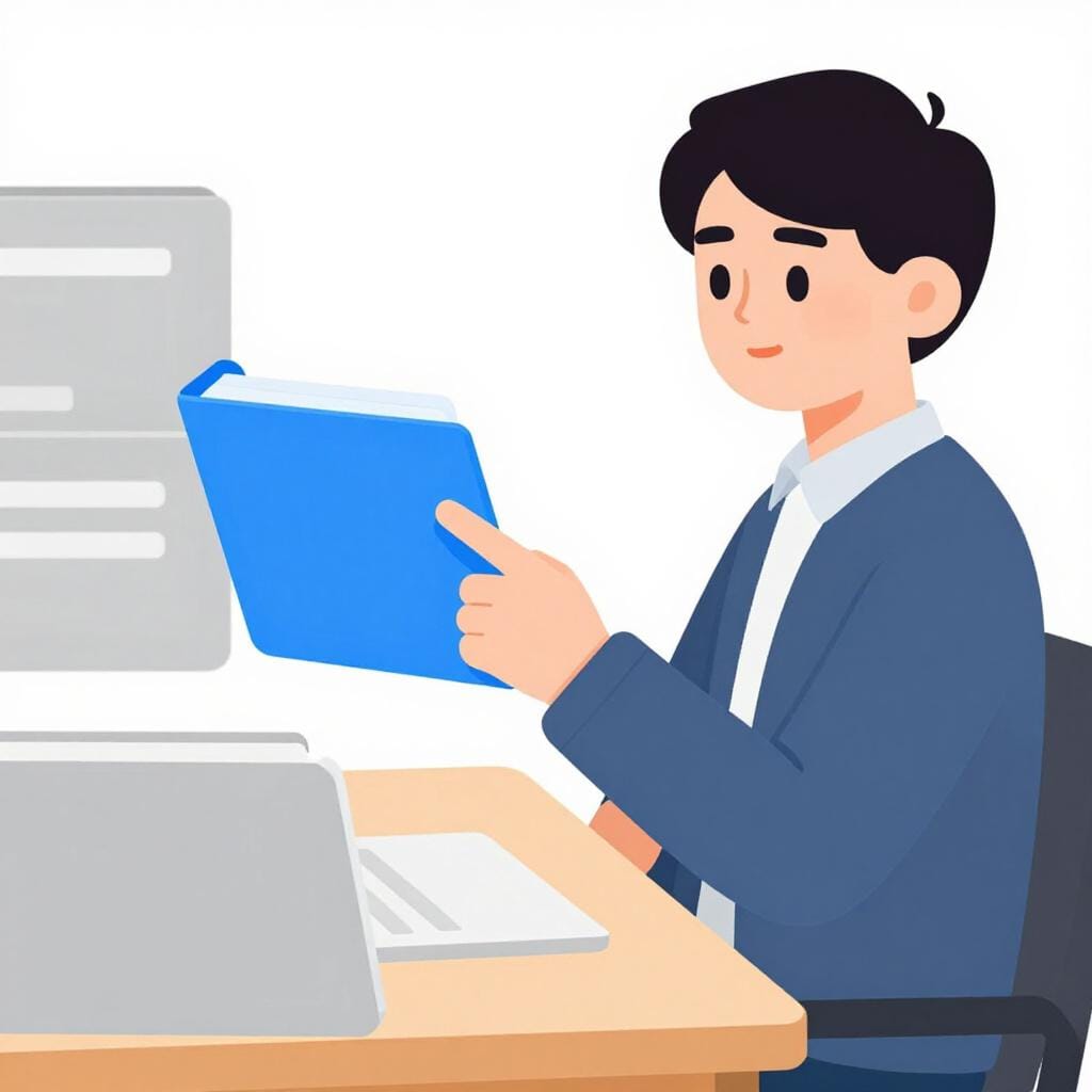 Eine Person, die auf sich selbst zeigt, während sie auf einen bestimmten Ordner auf einem Schreibtisch blickt, was darauf hindeutet, dass er für sie relevant ist.