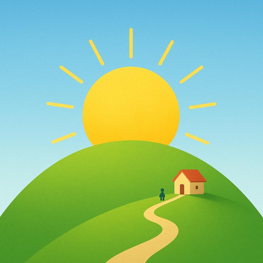 A stylized scene showing a bright yellow sun rising over a small green hill, symbolizing the beginning of the daily cycle.
