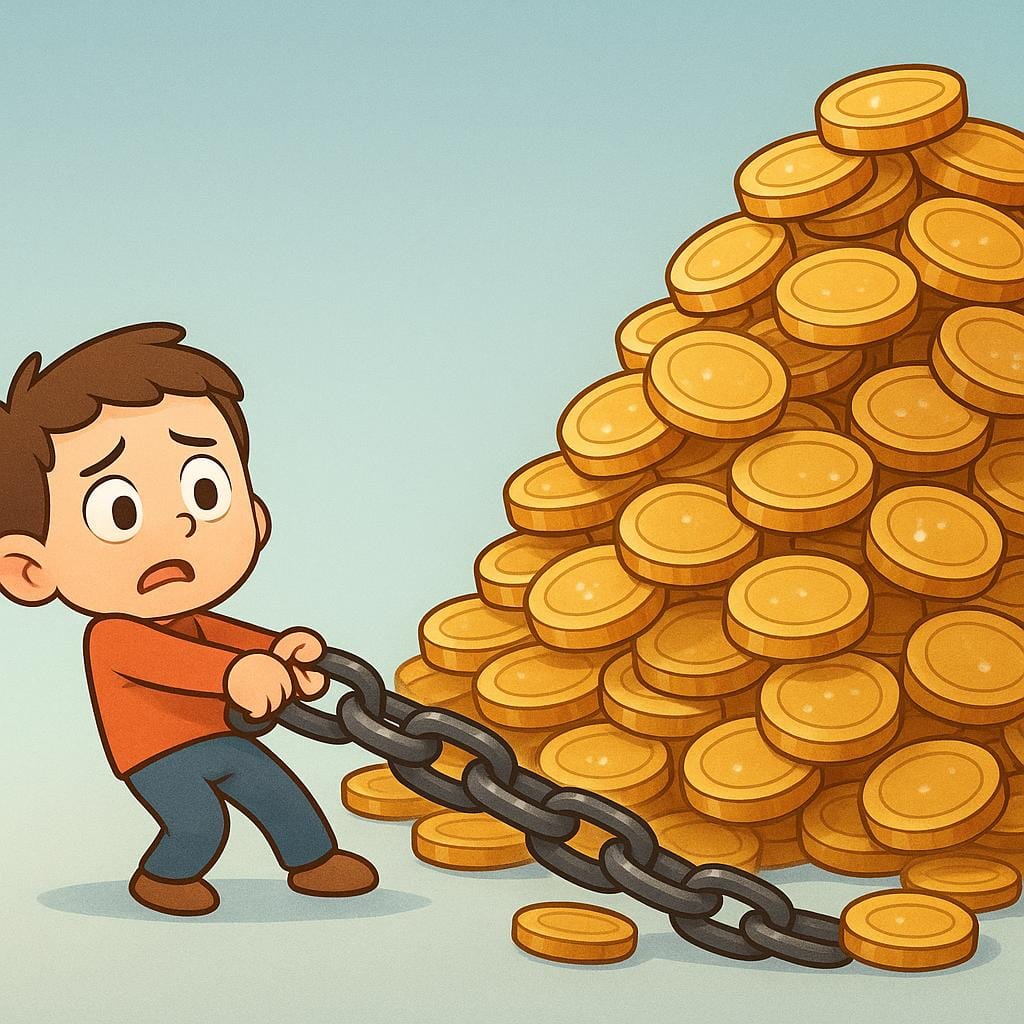 A small, worried cartoon character is struggling to drag a heavy metal chain connected to a large, imposing pile of generic gold coins, symbolizing the burden of debt.