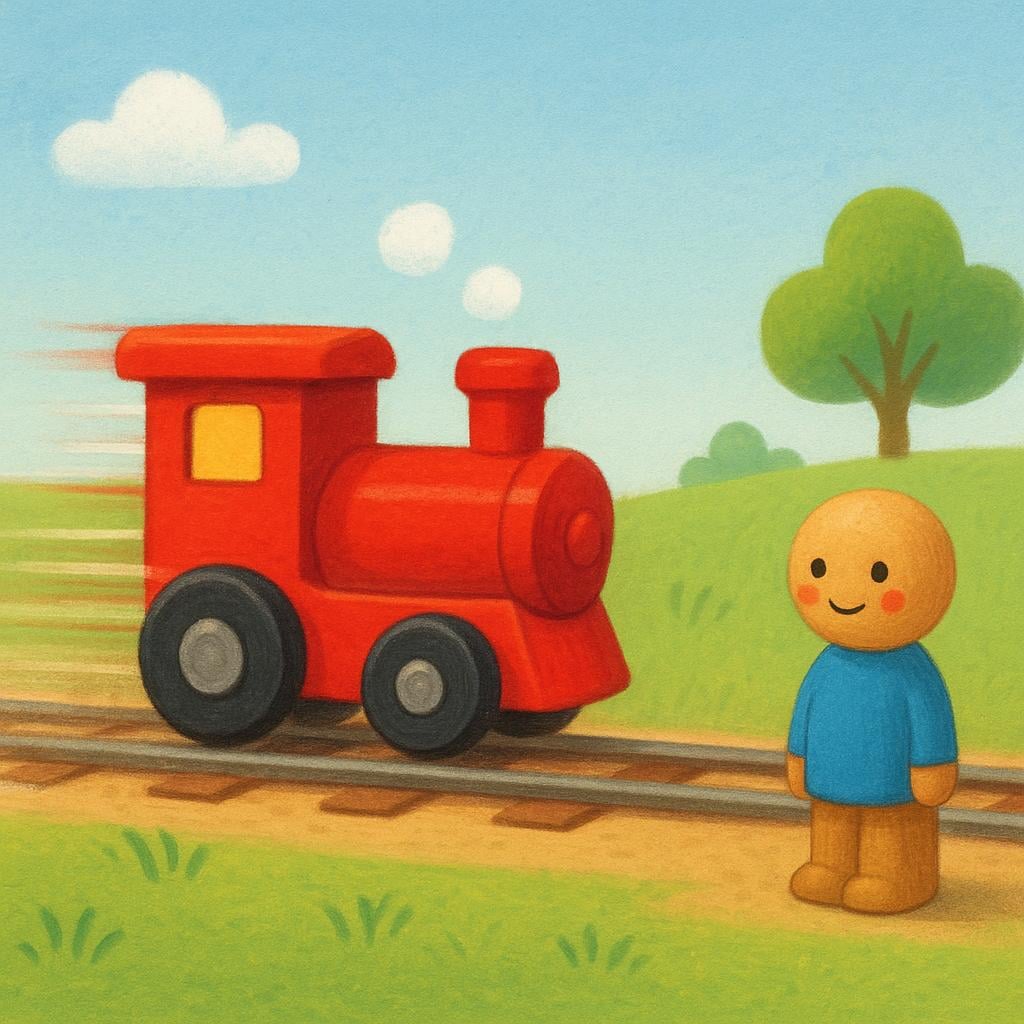 A bright red toy train moving quickly past a stationary toy figure standing beside the track.