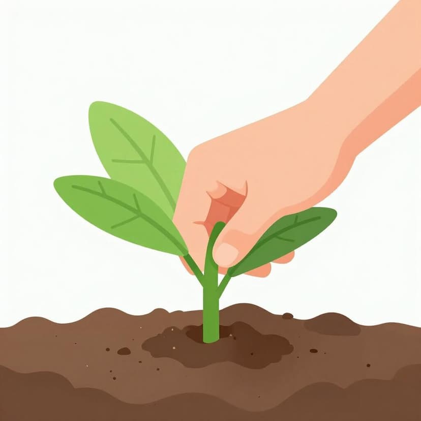 A hand pulling a large green weed out of the brown soil in a garden.