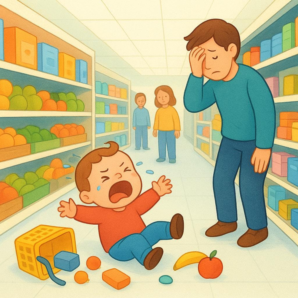 A child having a dramatic tantrum on the floor of a grocery store aisle while an adult covers their face in embarrassment.