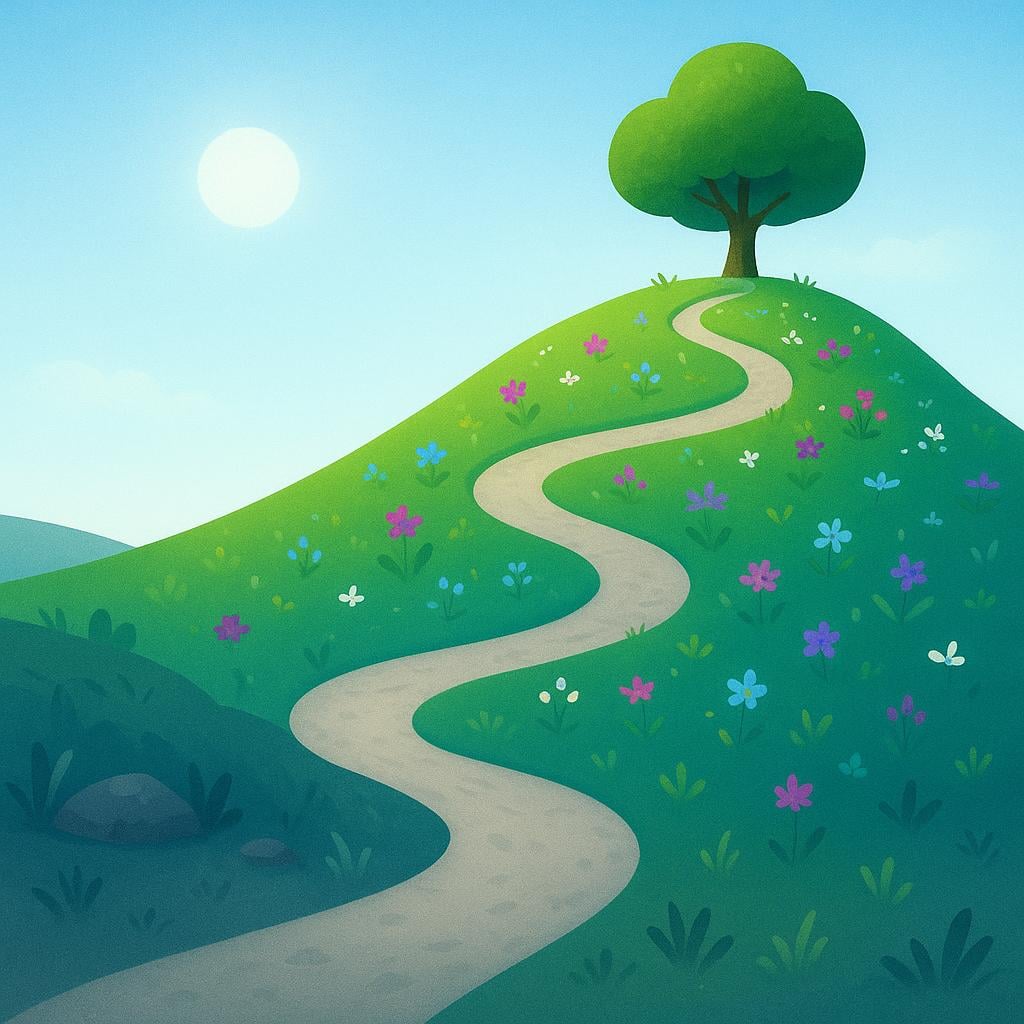 A simple winding path leading upward from a dull, gray area to a bright, green, flourishing hilltop, symbolizing progress and improvement.