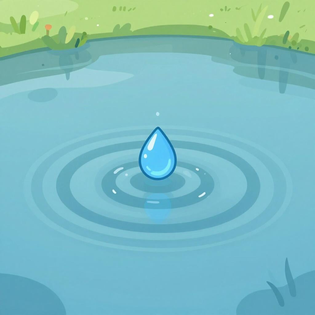 A single drop of water falling into a still pond, creating large outward ripples.