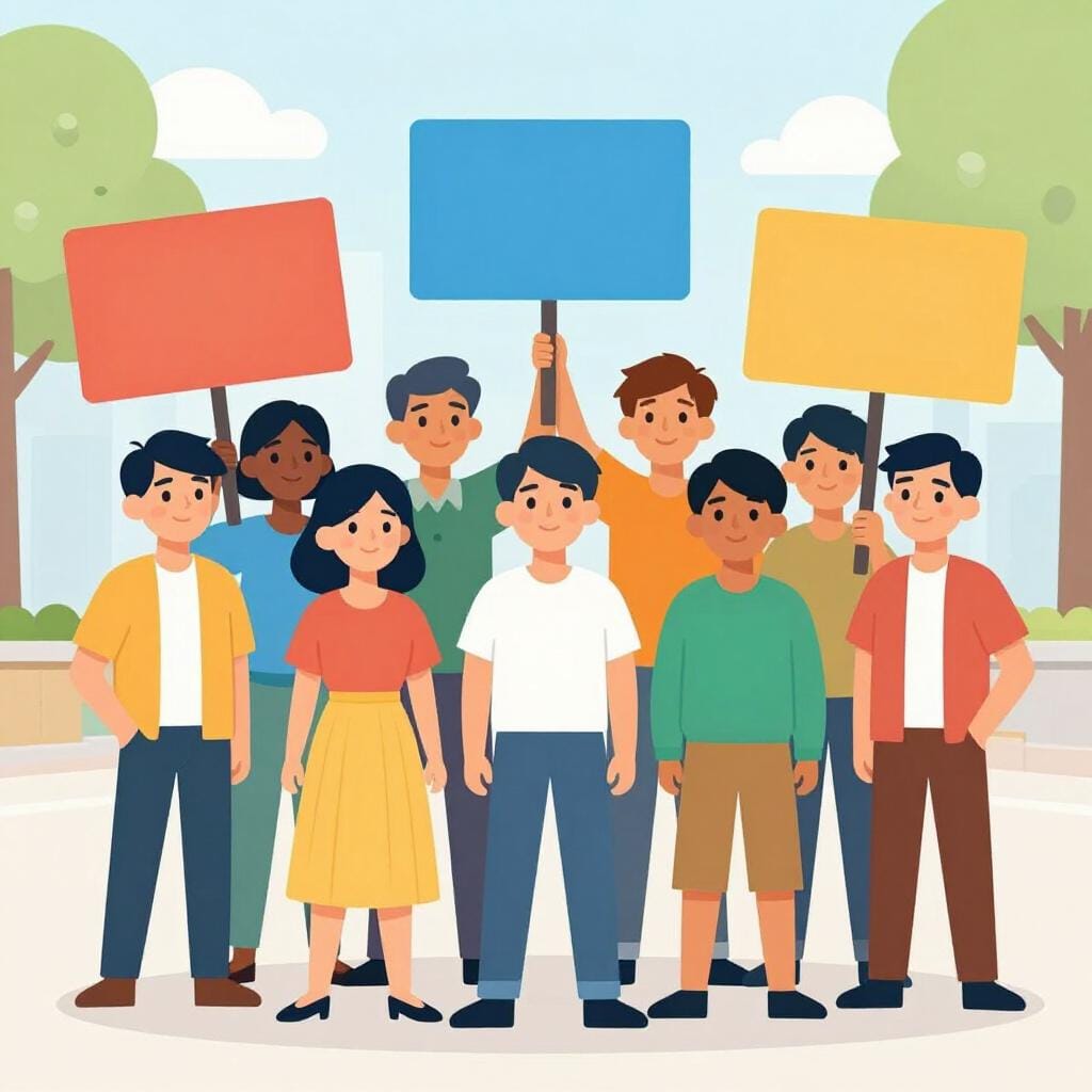 A group of people standing together holding blank colorful signs in a park.