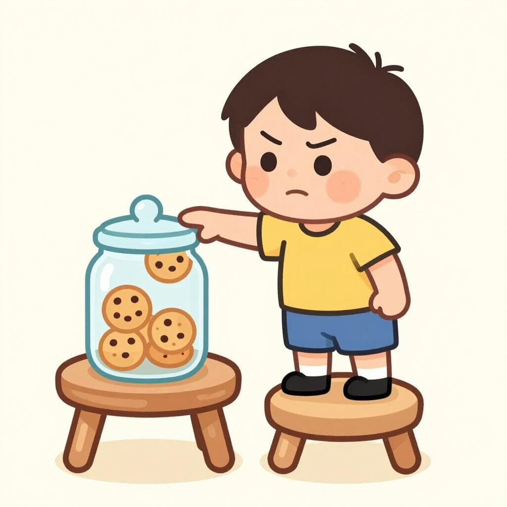 Een kind dat met een schuldige uitdrukking een koekje uit een pot op een hoge plank pakt.