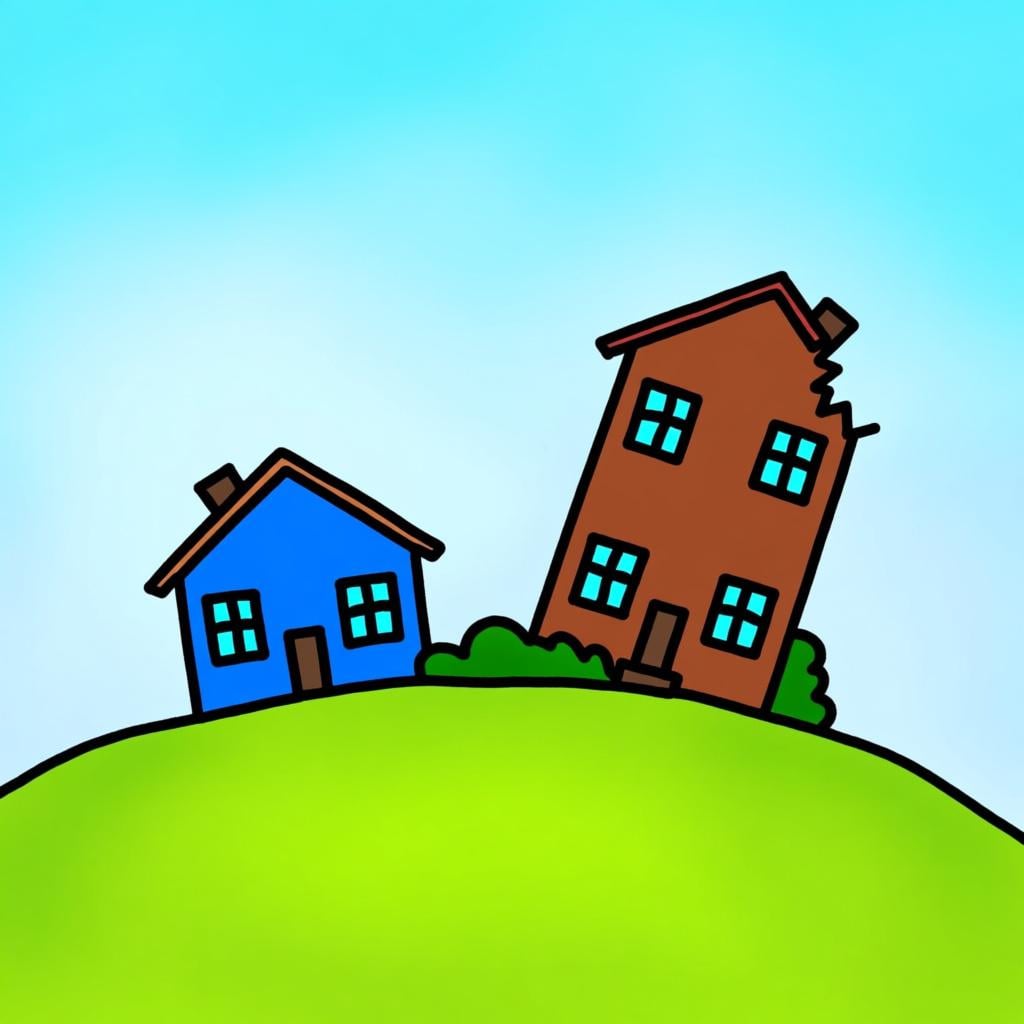 A side-by-side comparison of two simple wooden houses. The house on the left is sturdy and well-maintained. The house on the right is dilapidated, leaning, and has missing shingles, illustrating 'worse'.