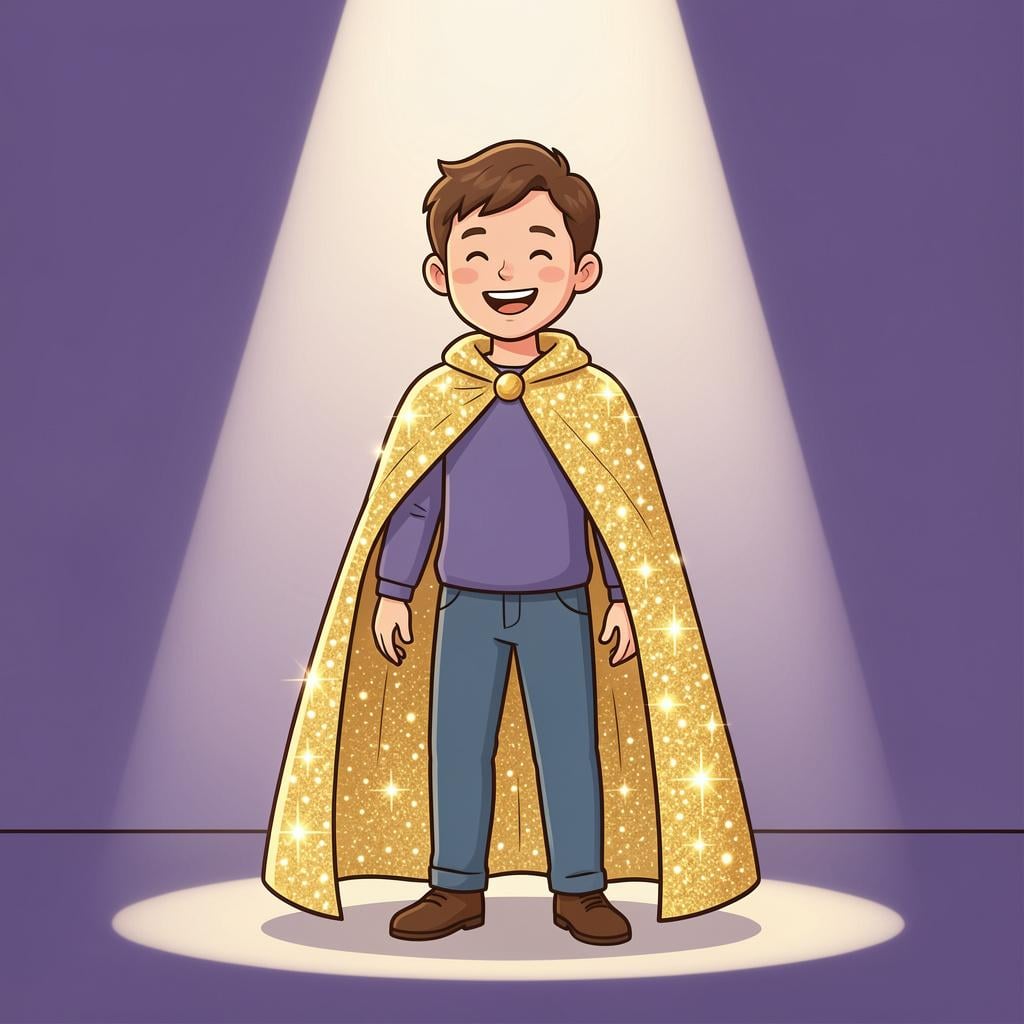 A person wearing a vibrant, sparkling cape standing on a stage under a bright spotlight, looking joyful and confident.