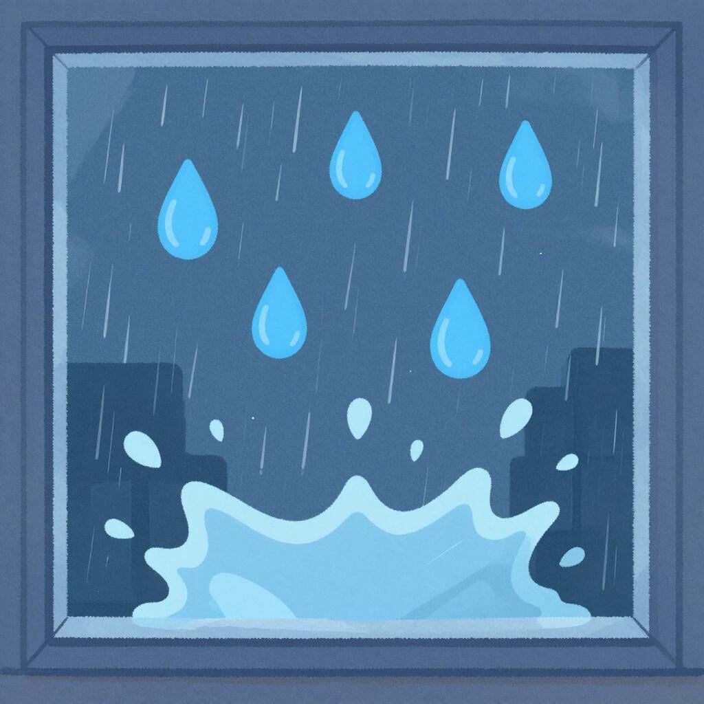 Heavy rain streaks hitting a glass window pane with splashes.