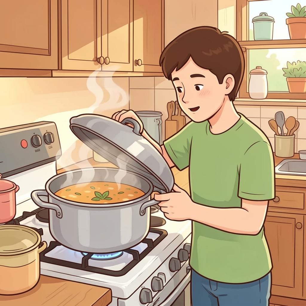 A person in a kitchen looking into a pot to see if the food is ready.