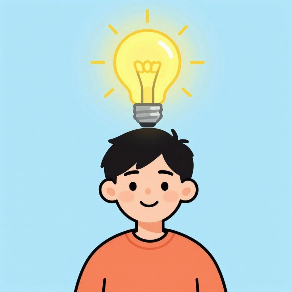 A person with a bright yellow lightbulb glowing above their head and a happy expression.