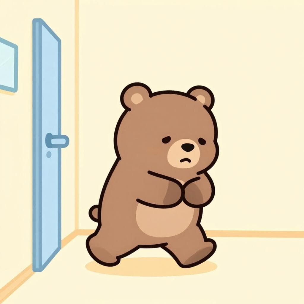 Un petit personnage d'ours se tenant l'estomac avec une expression inquiète, marchant rapidement vers une porte de salle de bain dans une maison confortable.