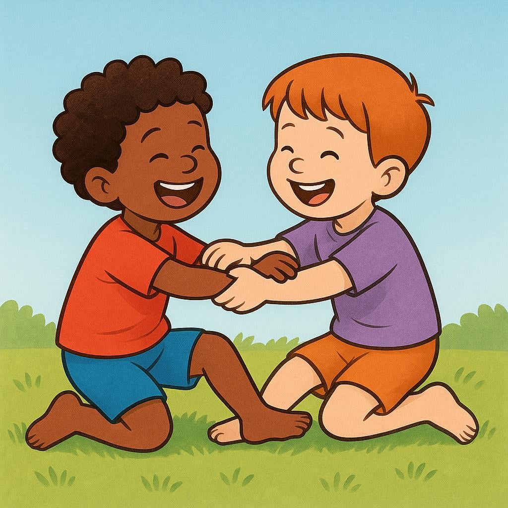 Two stylized cartoon figures grappling or wrestling playfully on a soft mat, illustrating physical combat.