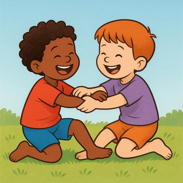 Duas figuras estilizadas de desenho animado se agarrando ou lutando de brincadeira em um tapete macio, ilustrando combate físico.