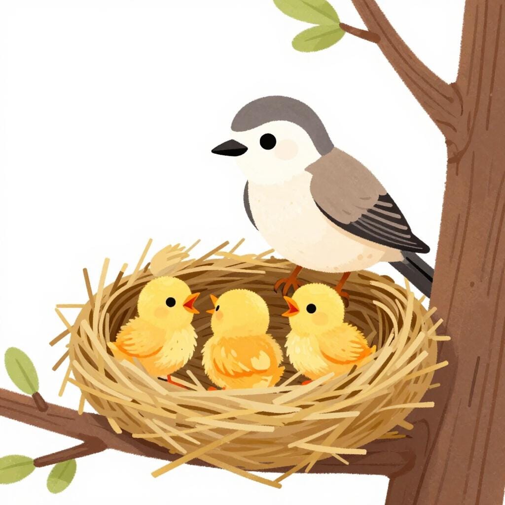 Ein Elternvogel, der in einem Nest steht und drei kleine, flauschige Vogelbabys füttert.