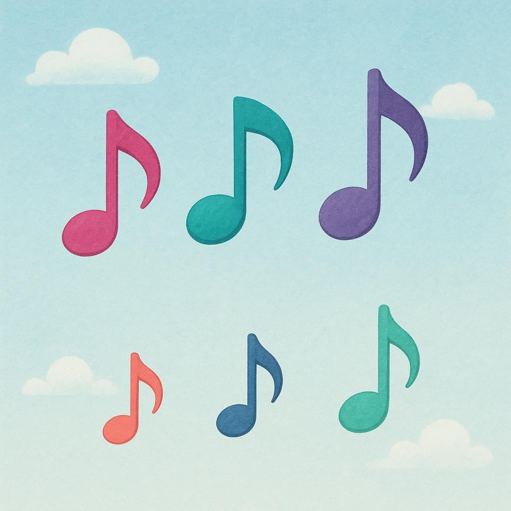 Three large musical notes floating high above three small musical notes.