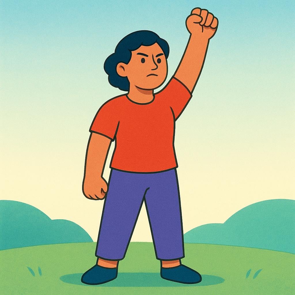 A stylized illustration of a person raising a single clenched fist high in the air, symbolizing strong opposition or protest.