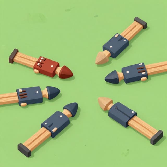 A row of fallen wooden toy soldiers lying on a green field.