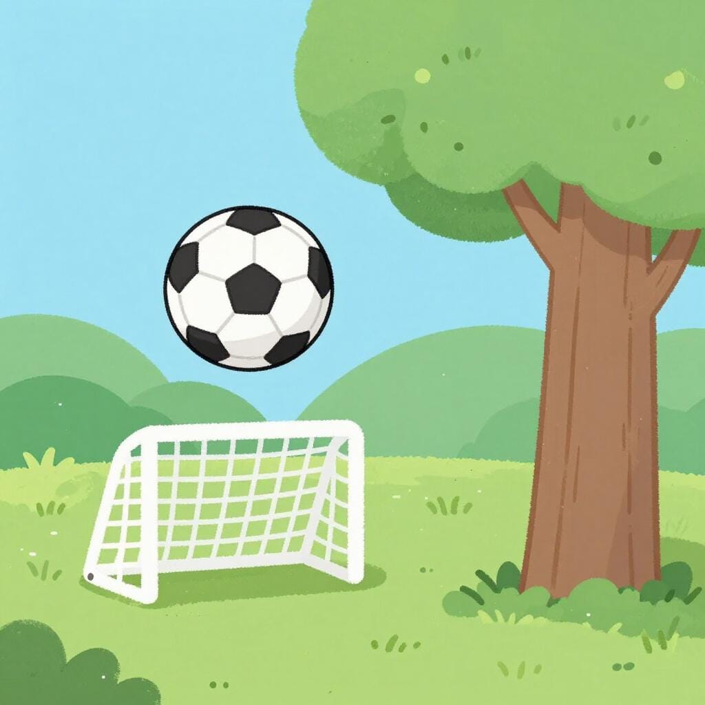 A soccer ball hitting a tree trunk and rolling directly into a small goal.