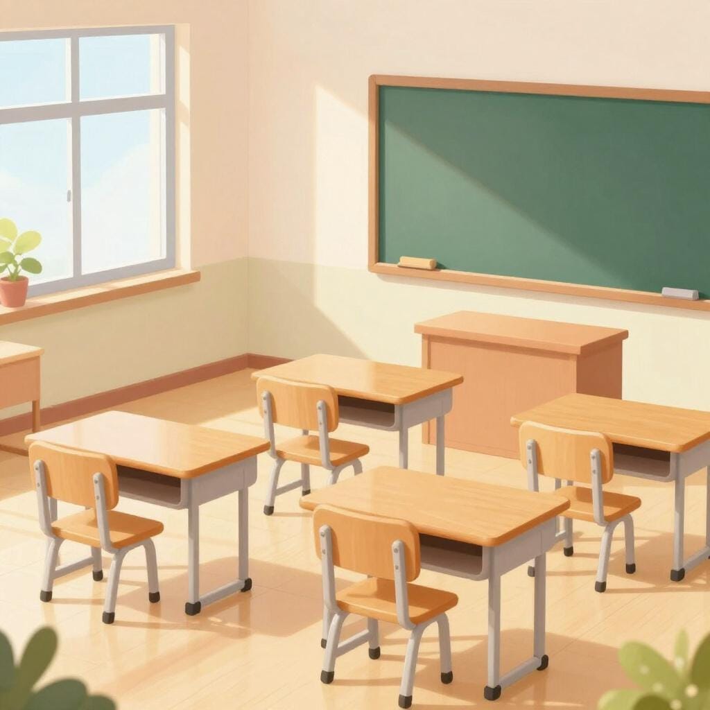 A bright, welcoming classroom with small desks, chairs, and a chalkboard.