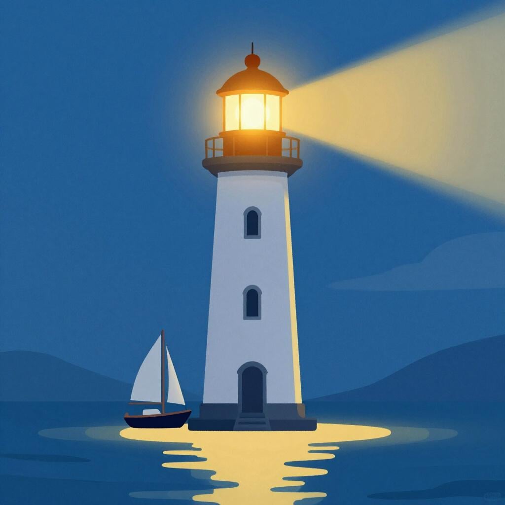 A glowing lighthouse on a small island guiding a small boat through gentle waves.