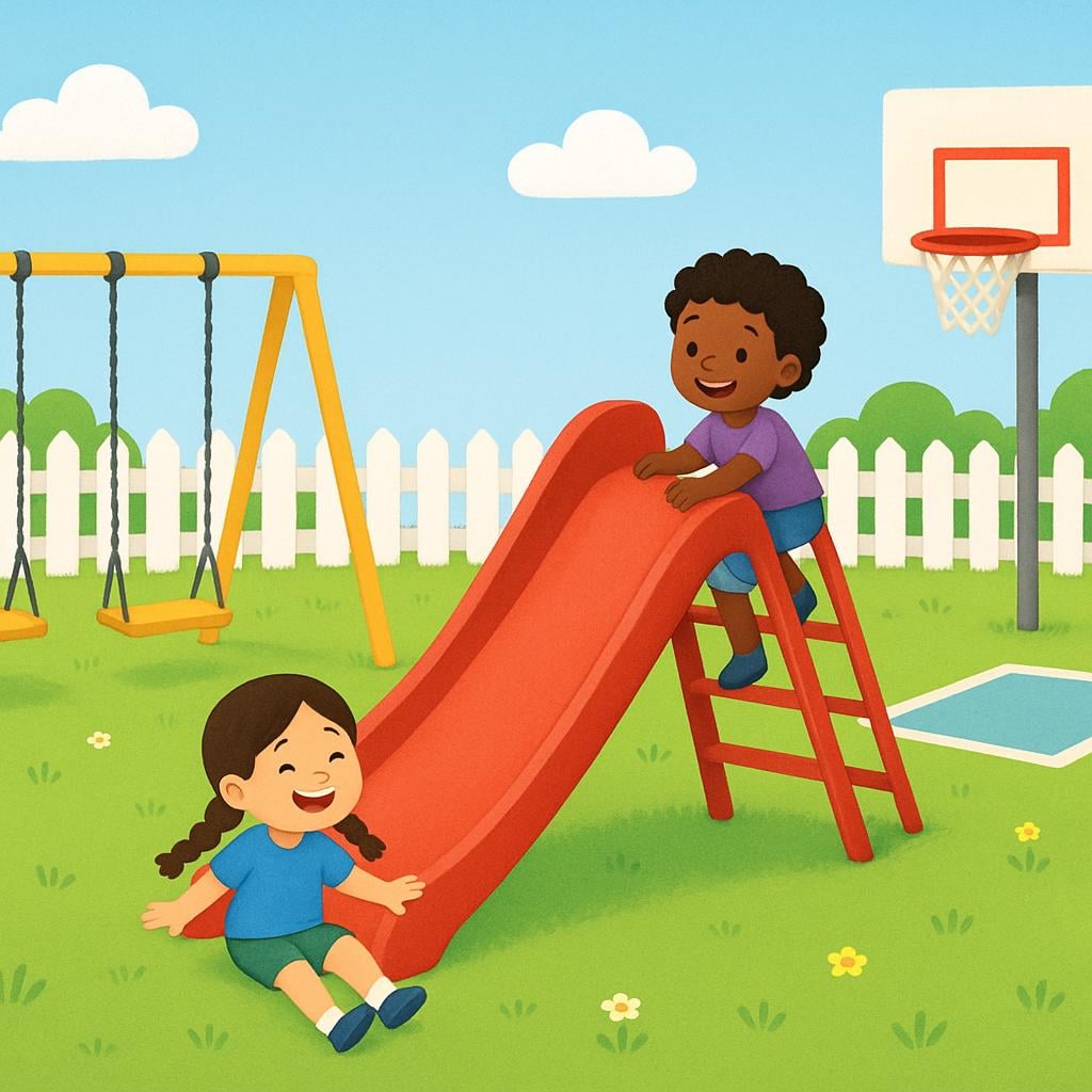 A vibrant school playground featuring a bright red slide, a set of yellow swings, and a basketball hoop, where two small children are happily playing.
