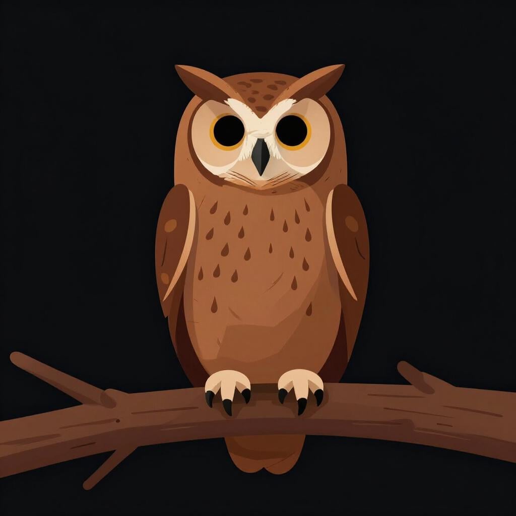 A single, large, brown owl sitting very still on a thick branch, looking contemplative and serious.