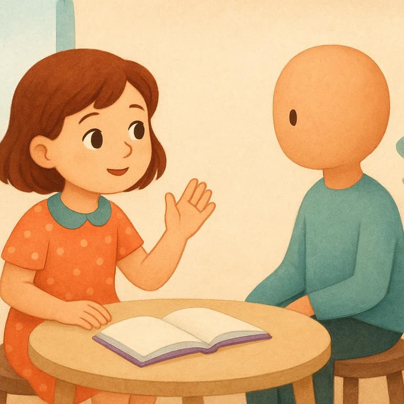 A curious young girl slightly raising her hand while looking expectantly at a simplified figure sitting across from her, illustrating the action of asking a question.