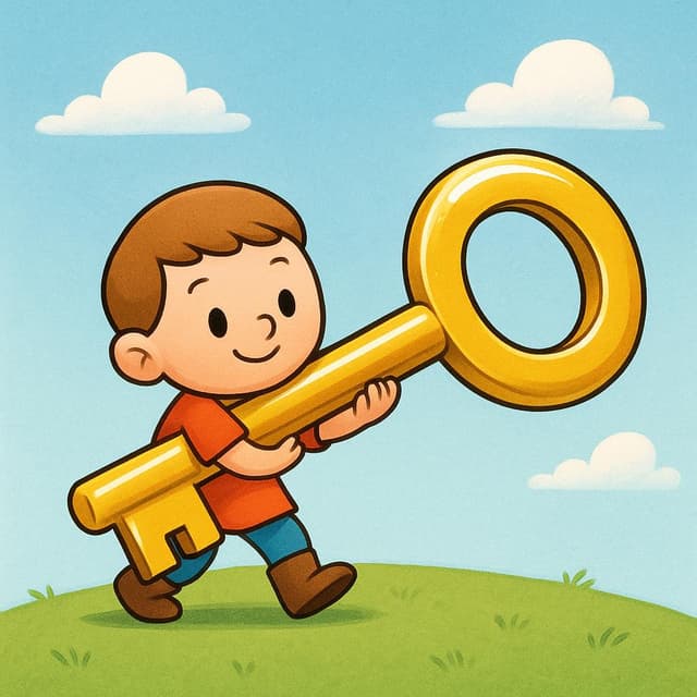 A small person happily lifting a large, heavy-looking gold key onto their shoulder, symbolizing taking on a new responsibility or role.