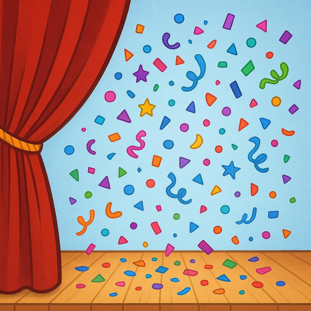 A brightly lit stage with a drawn-back curtain, featuring a simple burst of vibrant, celebratory confetti falling from the ceiling, depicting a spectacle.
