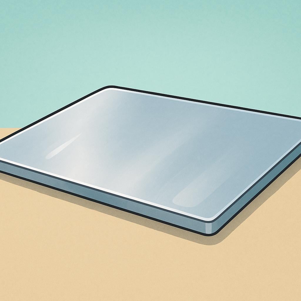 A large, thin, rectangular sheet of shiny silver metal resting flat on a surface.