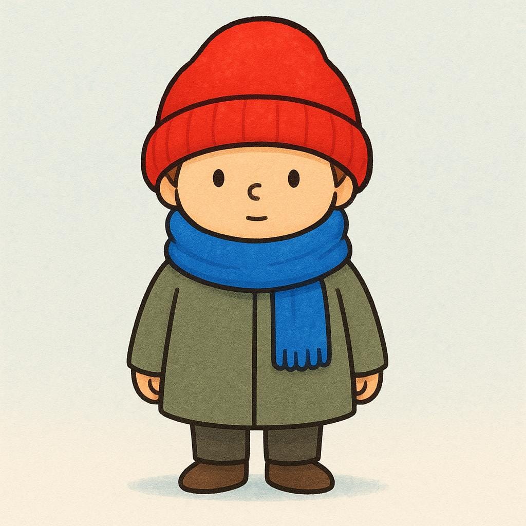 A character clearly wearing a bright blue scarf and a large red winter hat.