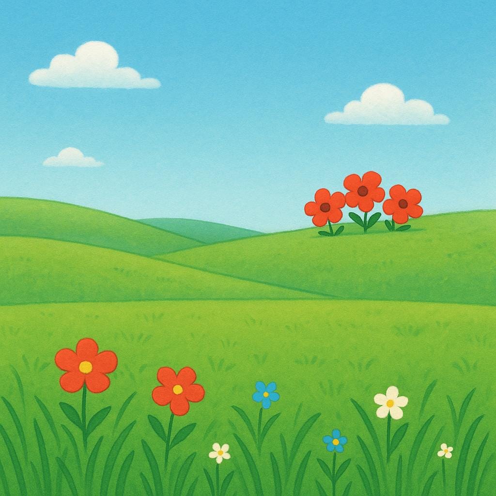 Une illustration de livre d'histoires d'une vaste prairie verte et ensoleillée. Cinq grandes fleurs rouges sont regroupées loin vers la ligne d'horizon, soulignant leur distance par rapport au spectateur.