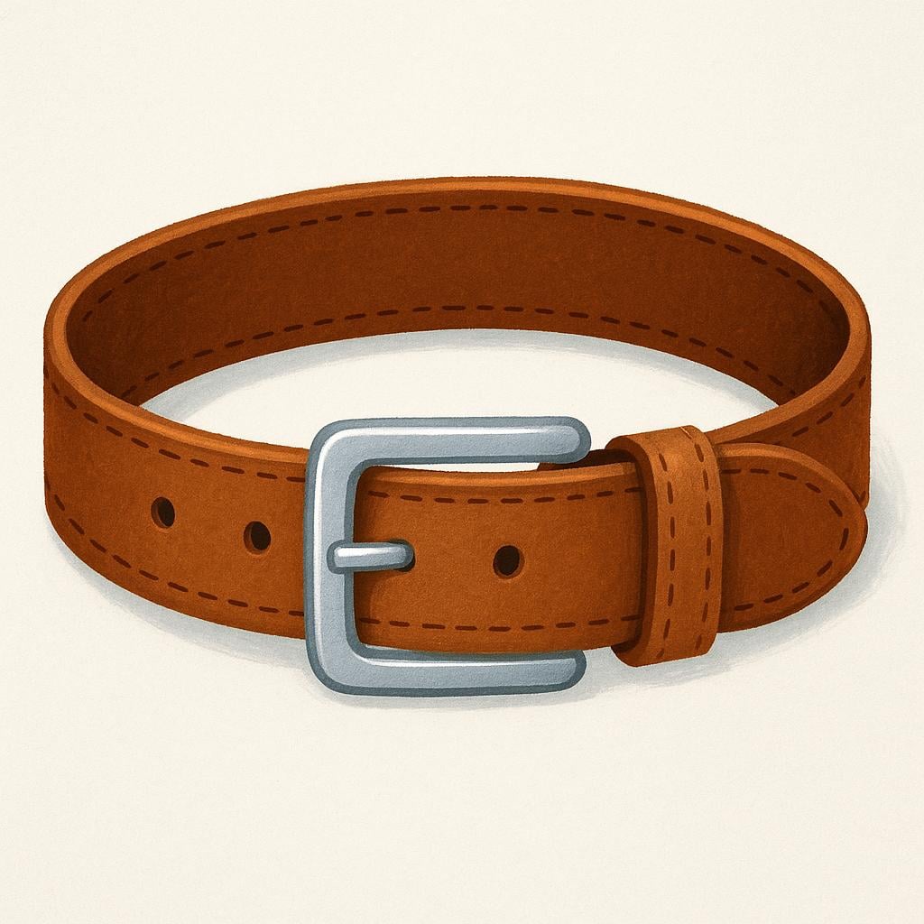 A simple illustration of a brown leather belt with a silver metal buckle, lying flat and unrolled.