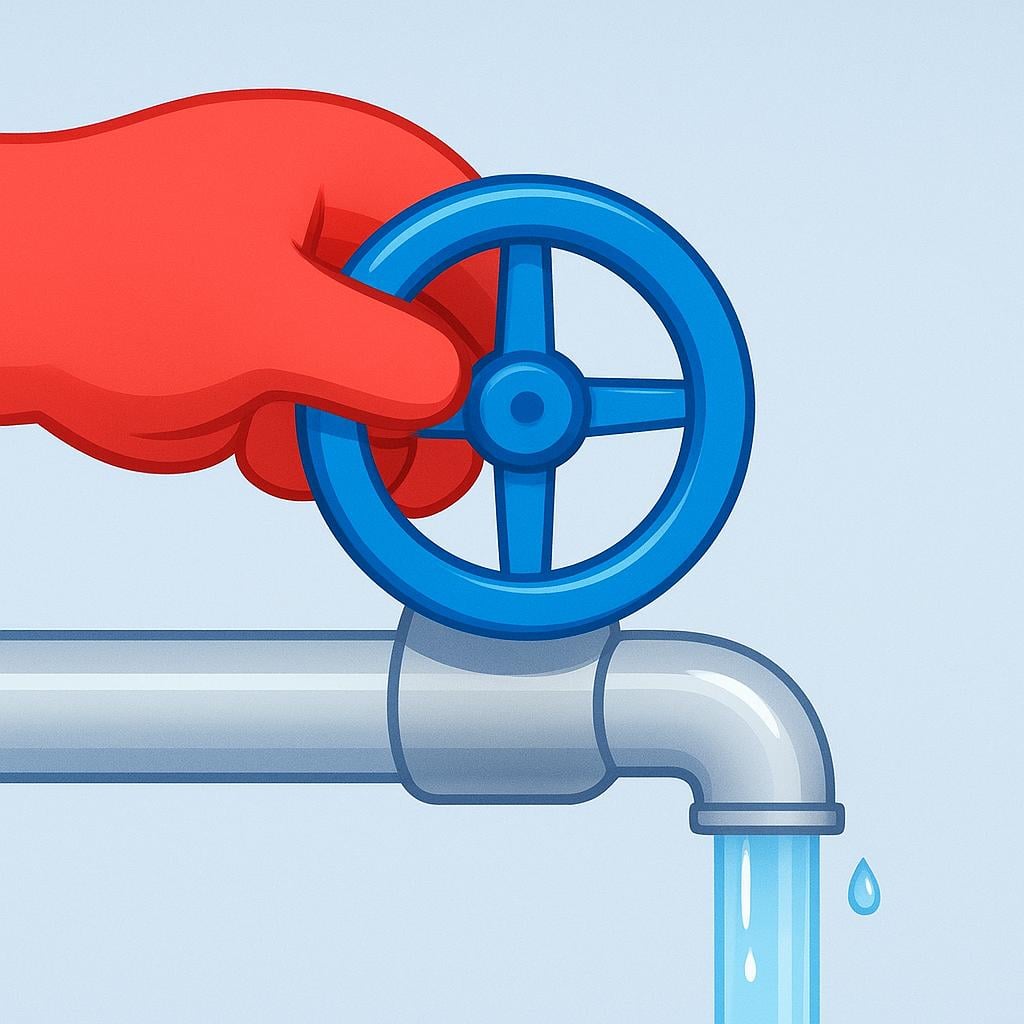 A large red hand grips and turns a bright blue valve wheel on a silver pipe, illustrating the action of controlling a flow.