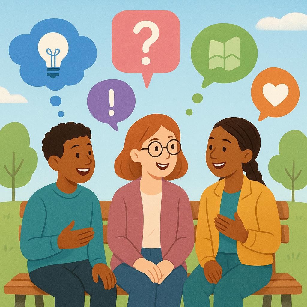 Un piccolo gruppo di tre persone sedute insieme, in una conversazione profonda. Sopra le loro teste, galleggiano varie bolle di pensiero colorate e di forme diverse, illustrando la condivisione di opinioni diverse.